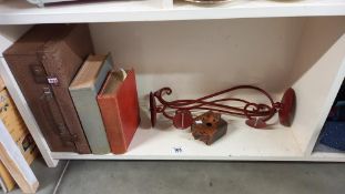 c1890 terracotta frog pottery ashtray, an old case, books and pair of wall candle sconces