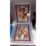 2 art nouveau style glass panels including white metal frames