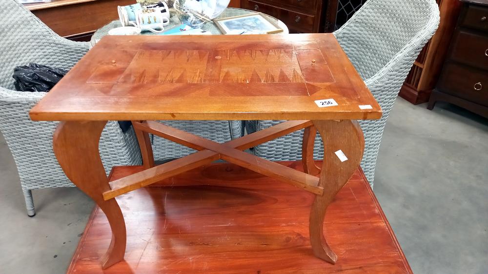 A vintage inlaid backgammon table with gaming pieces 64cm x 33cm x height 48cm COLLECT ONLY