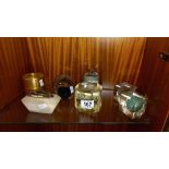 A selection of vintage paperweights and lighters including Wedgwood green Jasperware