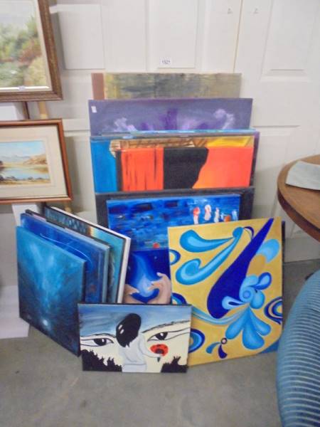 Approximately 22 unframed modern oil on canvas paintings, COLLECT ONLY.