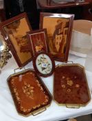 Italian inlaid wall plaques, 2 trays with gilt metal fittings etc