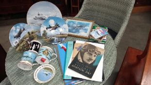 A misc lot of aircraft/RAF items, mugs, collectors plates, teacards, books, photos, etc