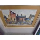 A framed and glazed watercolour street scene, COLLECT ONLY.