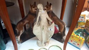 A pair of early 20c chalkware Alsatian type dogs and an art deco plaster figure, all a/f Figure