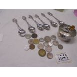 A fine silver plate Scottish lidded box, a set of six Dutch spoons and a quantity of coins.