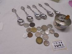 A fine silver plate Scottish lidded box, a set of six Dutch spoons and a quantity of coins.