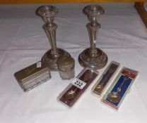 Silver plated candlesticks, trinket pots, & spoons