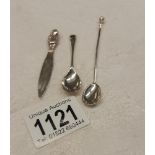 Two silver salt/mustard spoons and a silver bookmark, 9.6 grams.