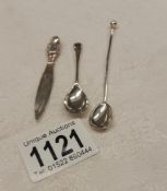Two silver salt/mustard spoons and a silver bookmark, 9.6 grams.