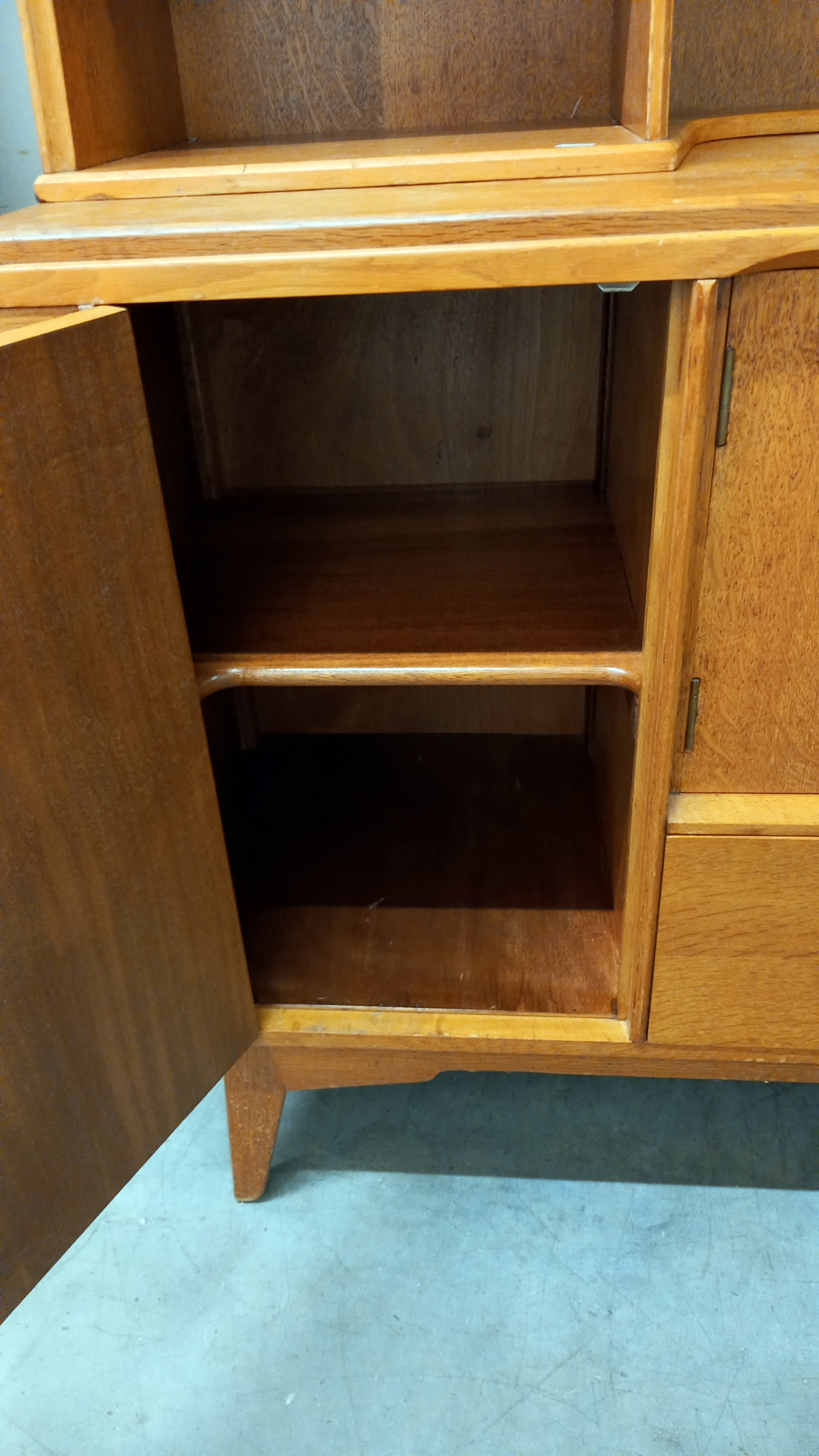 A 1950's light oak wall unit/sideboard with cupboard/drawer base with sliding cutlery tray & open - Image 2 of 4