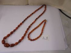 An amber opera length necklace and another amber necklace.