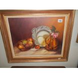 A mid 20th century oil on canvas still life painting signed Oliver Lawley, COLLECT ONLY.