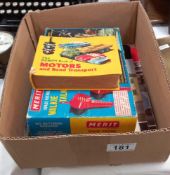 A boxed vintage Merit space patrol walkie talkie & miscellaneous books including Meccano magazine