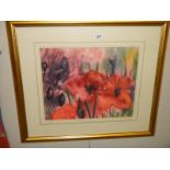 A framed and glazed watercolour of poppies signed Gillian Beale. COLLECT ONLY.