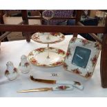 A Royal Albert Old Country Rose 2 tier cake stand, photo fram, cheeses knife, letter opener and salt