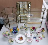 3 small glass display cabinets and quantity of floral ornaments etc including Coalport, Aynsley etc