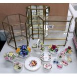 3 small glass display cabinets and quantity of floral ornaments etc including Coalport, Aynsley etc