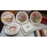 6 floral collectors plates, Royal Worcester plates etc plus vintage cheese/butter dish with a