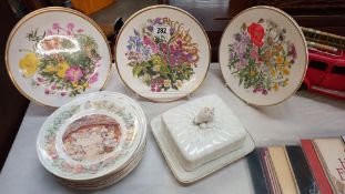 6 floral collectors plates, Royal Worcester plates etc plus vintage cheese/butter dish with a