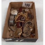 A quantity of vintage wristwatches, French horn brooch, yellow metal chains etc