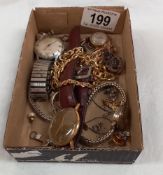 A quantity of vintage wristwatches, French horn brooch, yellow metal chains etc