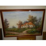 A late 20th century oil on canvas thatched cottage scene, COLLECT ONLY.