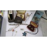 A mixed lot including micro mosaic bracelet, gold plated bangle, gold rimmed specs, hat pins etc.,