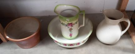 An Edwardian floral bathroom jug and bowl and a stoneware wash basin and a white jug COLLECT ONLY