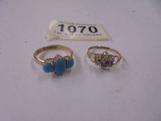 A Chester 1911 9ct gold ring set 3 turquoise, size M half, 1.1 grams & a 9ct gold ring size K, 1 g.