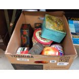 A large box of old tins including Mackintosh, state express cigarettes etc