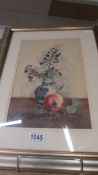 A good framed and glazed watercolour still life study, signature hidden. COLLECT ONLY.