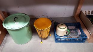A green enamel brad bin, vintage/retro waste paper basket, teapot etc COLLECT ONLY