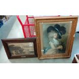 2 framed & glazed prints including 'A morning dip' in oak frame & Gainsborough style lady in gilt