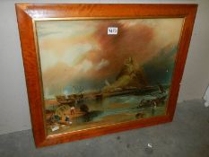 A framed reverse painting of glass of St. Michael's Mount, Cornwall. COLLECT ONLY.