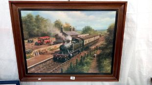 A large print on board of Great Western steam train in station 88cm x 68cm COLLECT ONLY