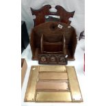 An arts & crafts oak letter rack, ornate oak hall mirror & 6 heavy brass door finger plates etc.