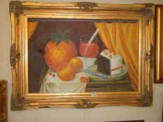 A mid 20th century oil on canvas still life painting, (frame a/f). COLLECT ONLY.
