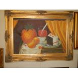 A mid 20th century oil on canvas still life painting, (frame a/f). COLLECT ONLY.