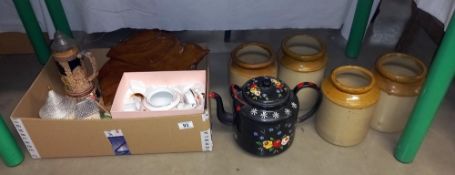 A vintage German musical beer stein, bargeware painted teapot, stoneware jars etc COLLECT ONLY