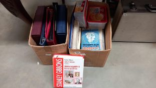 A quantity of empty stamp albums & stamps on & off paper plus catalogues etc. (2 boxes) COLLECT