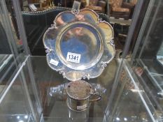 A silver card tray and a silver mustard pot with blue glass liner. (blue glass liner A/F)