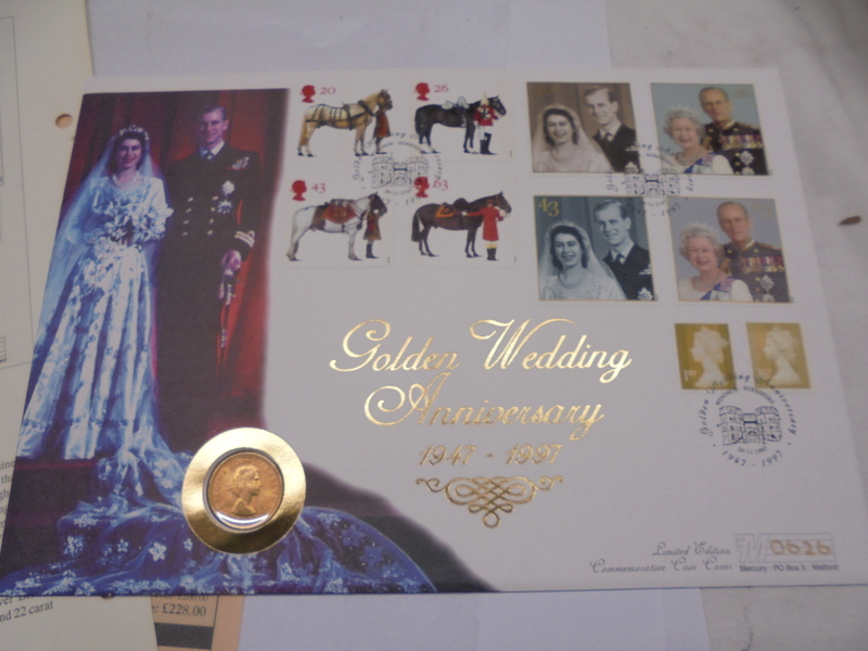 A Queen Elizabeth II Golden Wedding coin cover with a 1958 gold sovereign. - Image 2 of 3