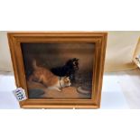 A small framed oil on board painting of two terriers by George Arnfield, signed and dated 1867.