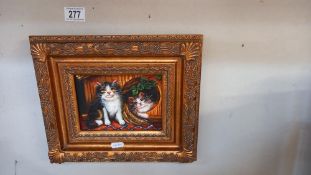 An oil on board of cat in gilt wood frame, image 11.5cm x 16cm, frame 30cm x 26cm