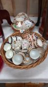 3 vintage tea sets in wicker basket including Royal Worcester plus small basket of cups and