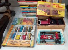 A vintage Matchbox farm set, battery operated boxed Rolls Royce and a diecast car (boxed)
