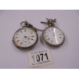 Two silver pocket watches, working but need attention, with silver chain and keys.