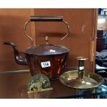 A copper kettle, Victorian chamber stick and letter holder