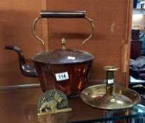 A copper kettle, Victorian chamber stick and letter holder